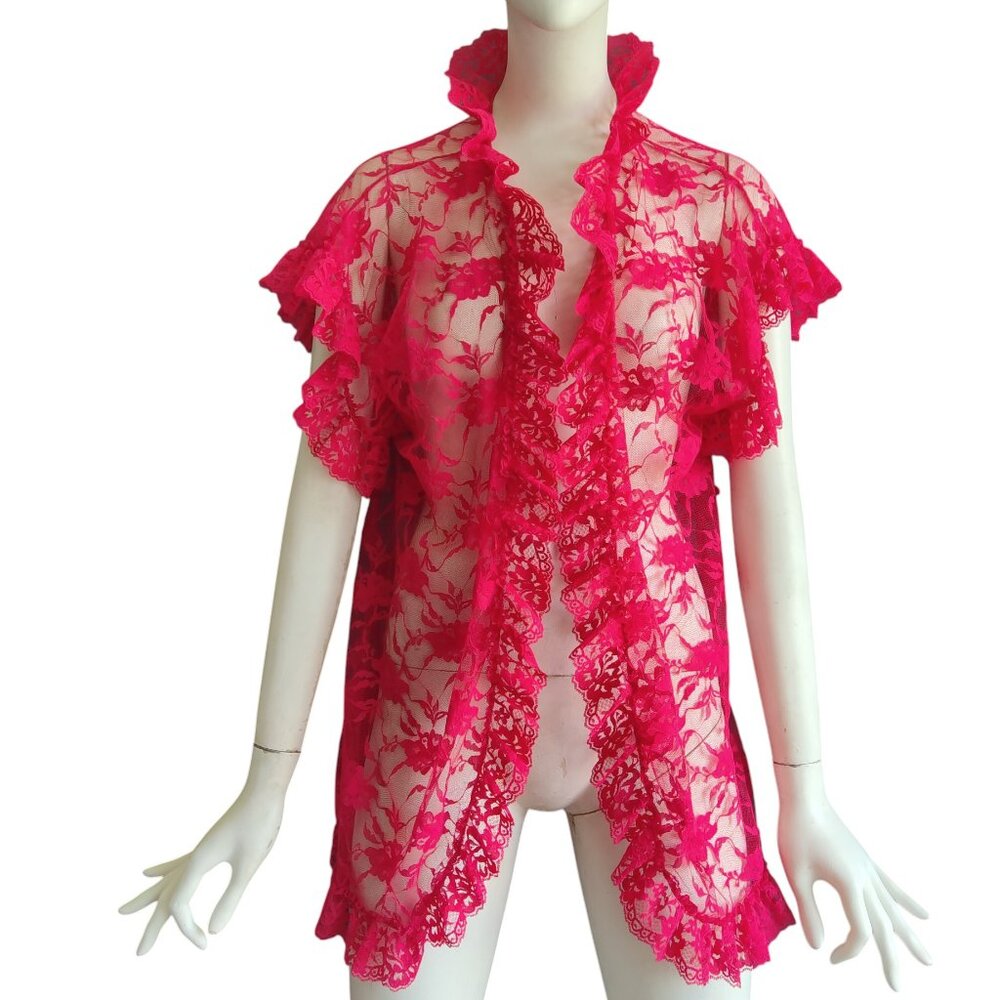 FREDERICK'S OF HOLLYWOOD Red Rose Floral Lace Open Front Robe Coverup Top Sz OS